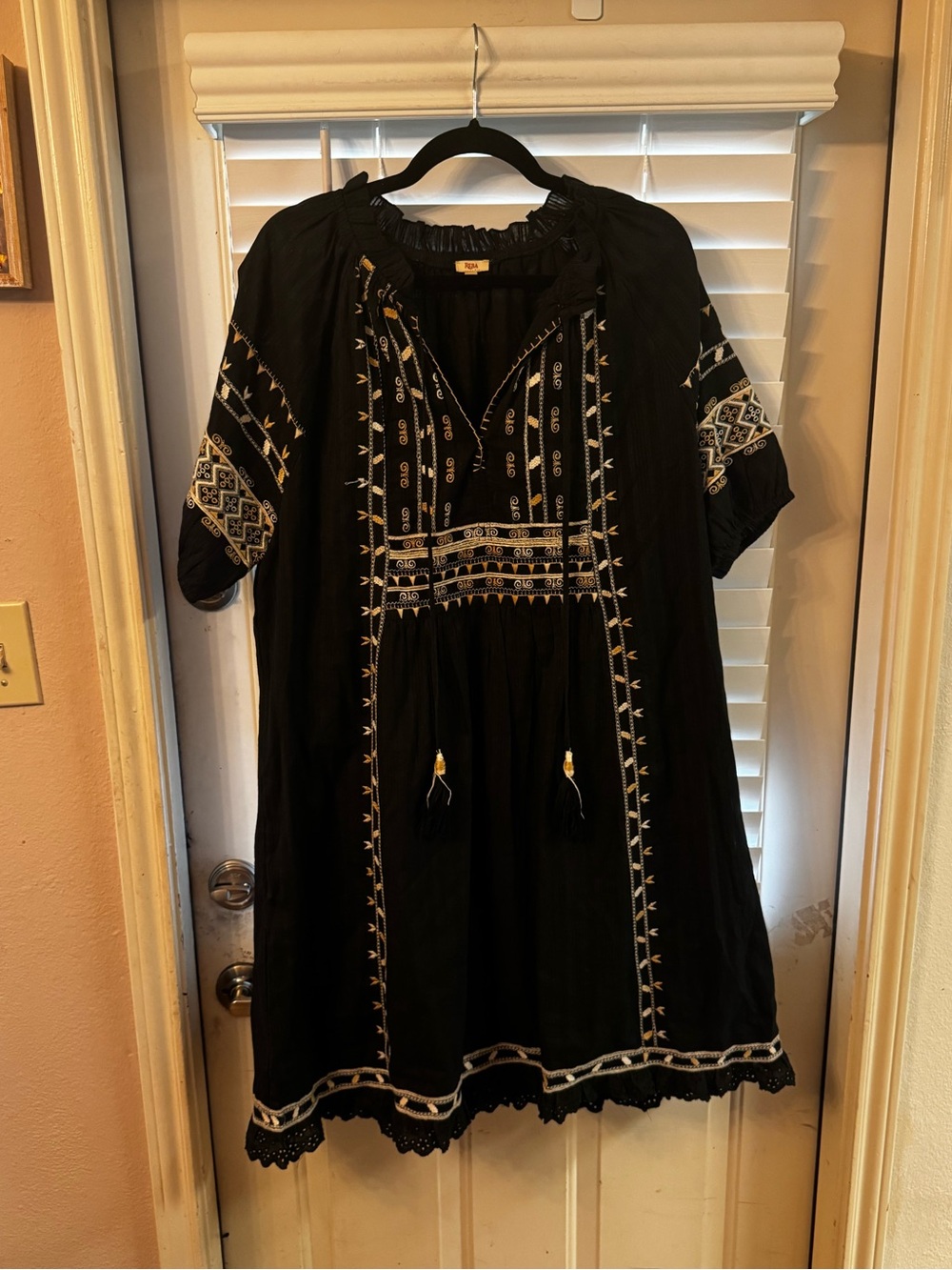 Reba Black Midi Dress with White Embroidery